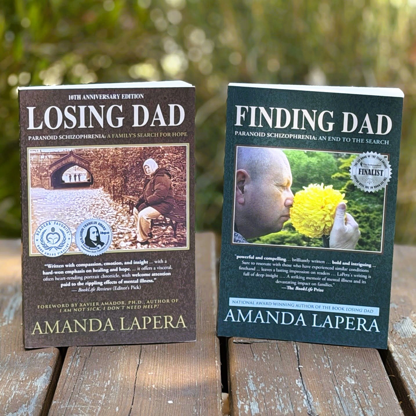 Losing Dad and Finding Dad books posed together on a wood bridge.